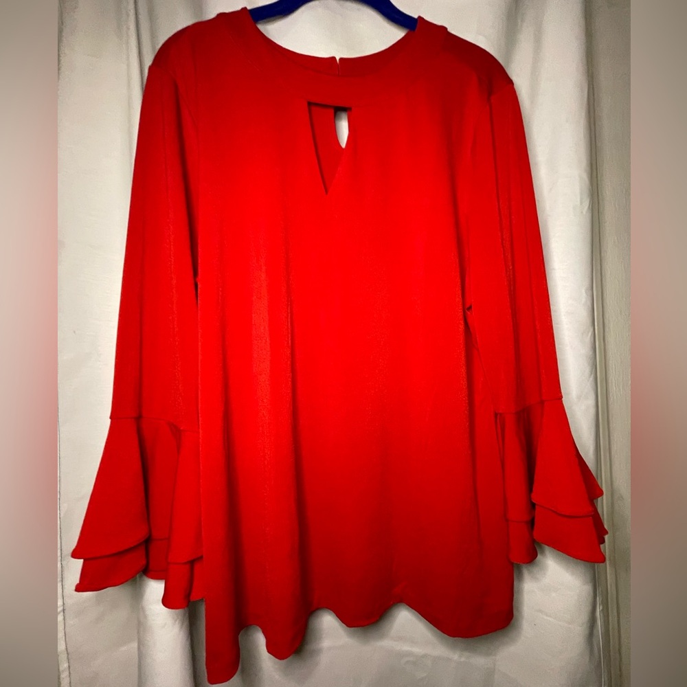 NWT Charter Club Red Keyhole Front & Ruffled Long Sleeve Blouse Top Size XL